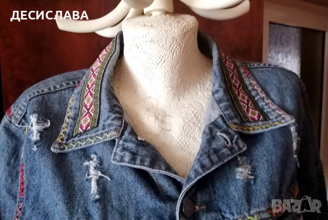 Дънково/деним яке M/L Котки ръчна декорация, снимка 10 - Якета - 52876559