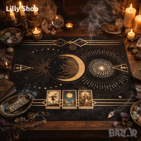 Винилна подложка за таро – 30×30 см | Космически дизайн със златна геометрия