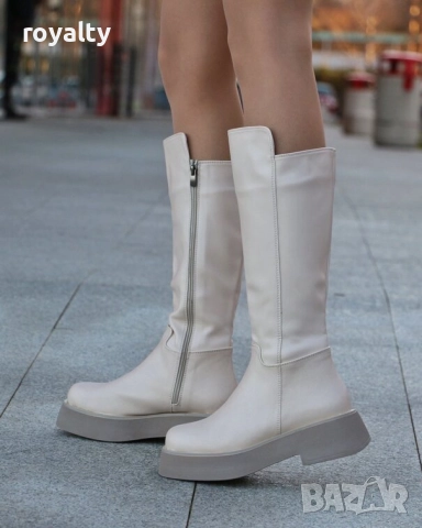 Равни ботуши - бежова кожа, снимка 2 - Дамски ботуши - 52003436