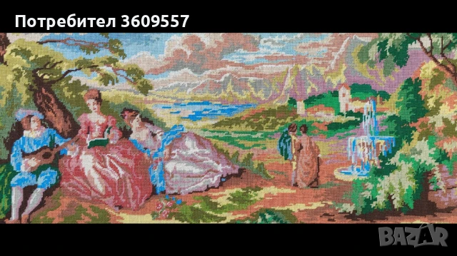 Гоблен,ръчно ушит по картина на художничката Мария Илиева известна като"Концерт в парка".Р-р 110/50, снимка 1