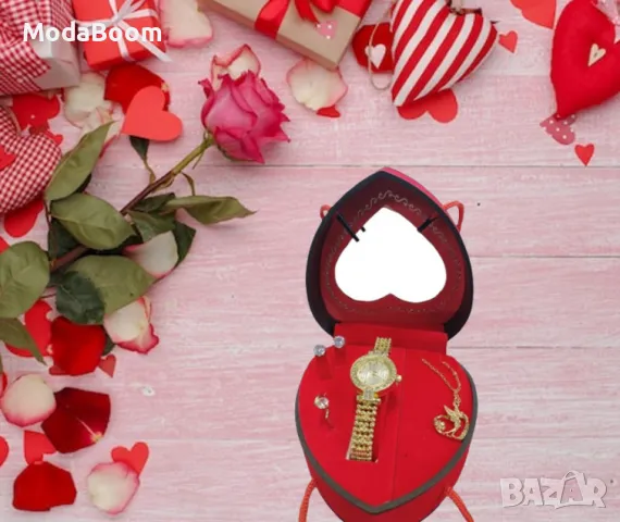 Луксозен дамски комплект - Бижута и елегантен часовник в сърцевидна кутия, снимка 4 - Бижутерийни комплекти - 48683075