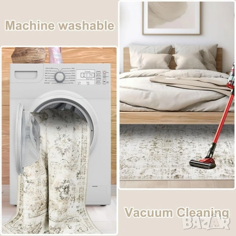 Голям килим Homcomodar 200x300см, Бежов, Перящ се, Винтидж дизайн, снимка 8 - Килими - 53238054