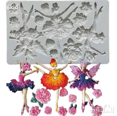 Момиче балет балерина фея танц цветя роза рози голям силиконов молд форма фондан шоколад гипс декор 