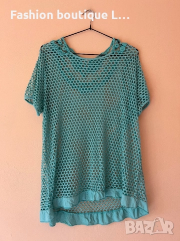 Тюркоазена блуза с дантела къс ръкав L размер 👗, снимка 3 - Тениски - 51846139