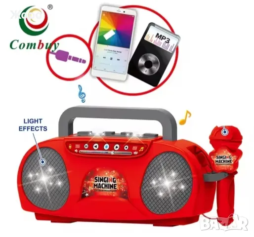 ДЕТСКИ КАРАОКЕ ЧЕРВЕН КАСЕТОФОН С МИКРОФОН СЪС СВЕТЛИНА 120711, снимка 7 - Музикални играчки - 47587955