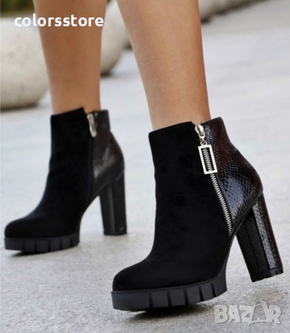 Боти на ток - черна кожа и велур - Q2AX5288-6, снимка 3 - Дамски боти - 35091210