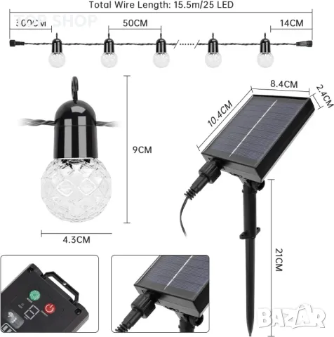 sylvwin G40 15 м външна соларна верига акумулаторна със соларен панел, снимка 9 - Външни лампи - 48543625