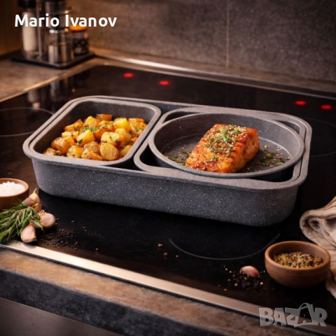Комплект 4 тави за печене Cheffinger с мраморно незалепващо покритие – различни форми, компактно под, снимка 3 - Съдове за готвене - 53176948