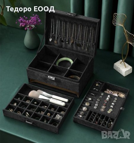 Луксозна кутия за бижута с ключ за заключване и много отделения, черна