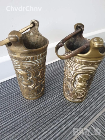 19ти век/2бр религиозен бронзов съд за светена вода/малка кофа с дръжка, снимка 2 - Антикварни и старинни предмети - 53507262