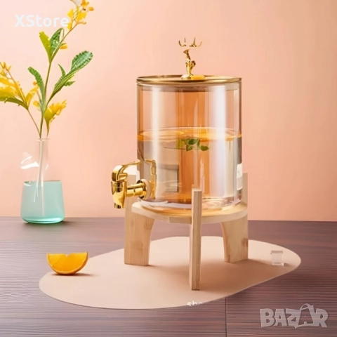 Голям диспенсър за напитки 8L с дървена стойка и златист кран, снимка 2 - Други стоки за дома - 51995241