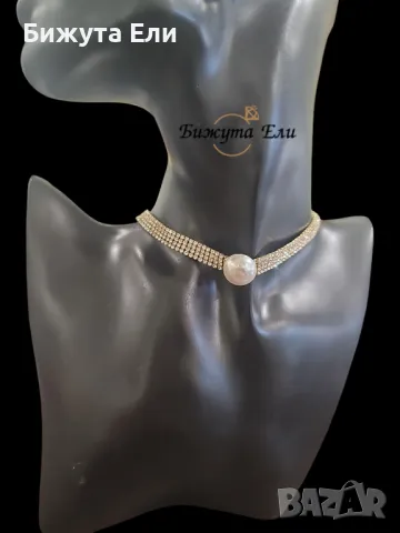 Чокър с кристали и перла , снимка 2 - Колиета, медальони, синджири - 49854399