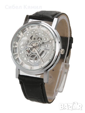 Изискан прозрачен мъжки ръчен часовник с кварцов механизъм и кожена каишка  , снимка 2 - Мъжки - 43654197