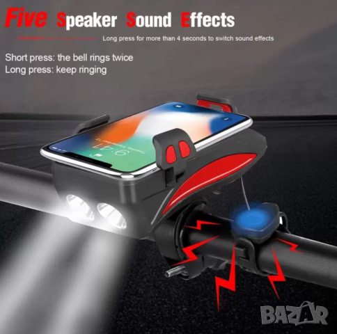 Водоустойчив акумулаторен фар за колело 4 в 1 , снимка 2 - Аксесоари за велосипеди - 44909779