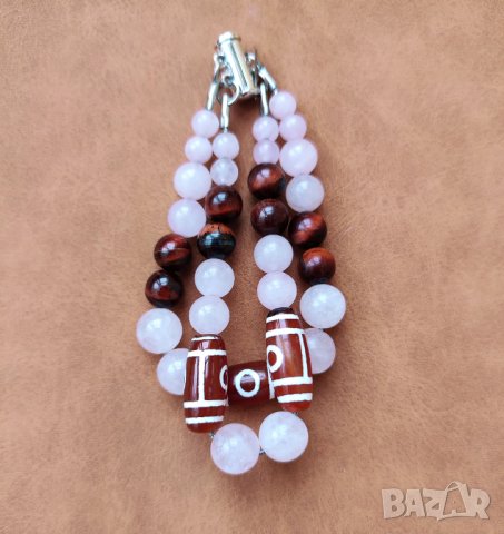 Двойна гривна на любовта с мъниста Дзи, розов кварц и червено тигрово око, снимка 2 - Гривни - 39955263