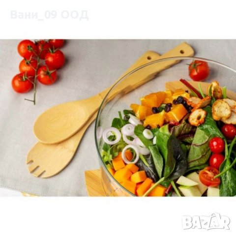 Купа за салата с бамбукова поставка и прибори, снимка 4 - Аксесоари за кухня - 38420767