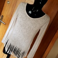 Мръсно бяла трико блуза с ресни С, снимка 1 - Блузи с дълъг ръкав и пуловери - 32859168
