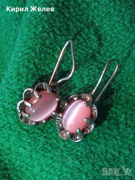 ПРЕКРАСНИ РЕТРО АРТ НУВО СТИЛ СРЕБЪРНИ ОБЕЦИ СРЕБРО 925 с РОЗОВО КОТЕШКО ОКО РЪЧНА ИЗРАБОТКА 27701, снимка 1