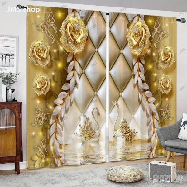 2бр. Елегантна завеса с щампа на златни цветя и пеперуди за домашен декор, 5размера, снимка 1