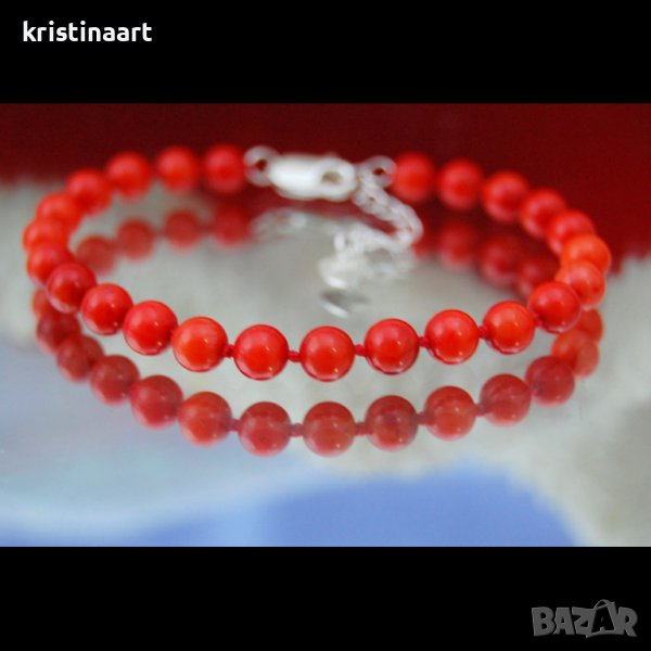 Сребърна гривна от червен корал, 6mm, снимка 1