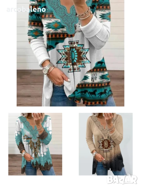 Дамска ежедневна блуза с дантела и ацтекски мотиви, 3цвята, снимка 1