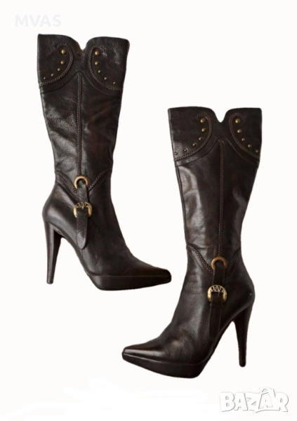 Нови дамски ботуши естествена кожа тъмно кафяви на висок ток 39 размер, снимка 1