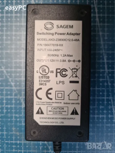 Оригинален захранващ адаптер SAGEM XKD-Z3800IC12.048A 12V 3.8A, снимка 1