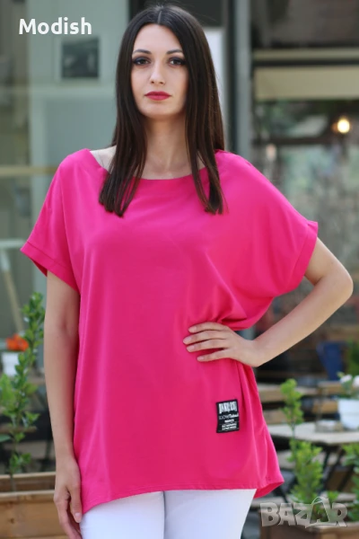 Памучна едноцветна дамска блуза с лодка деколте 7044, снимка 1