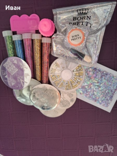 Лот,пигмент русалка,декоративно фолио за маникюр,брокат,печат,камъчета,шаблони 5бр., снимка 1