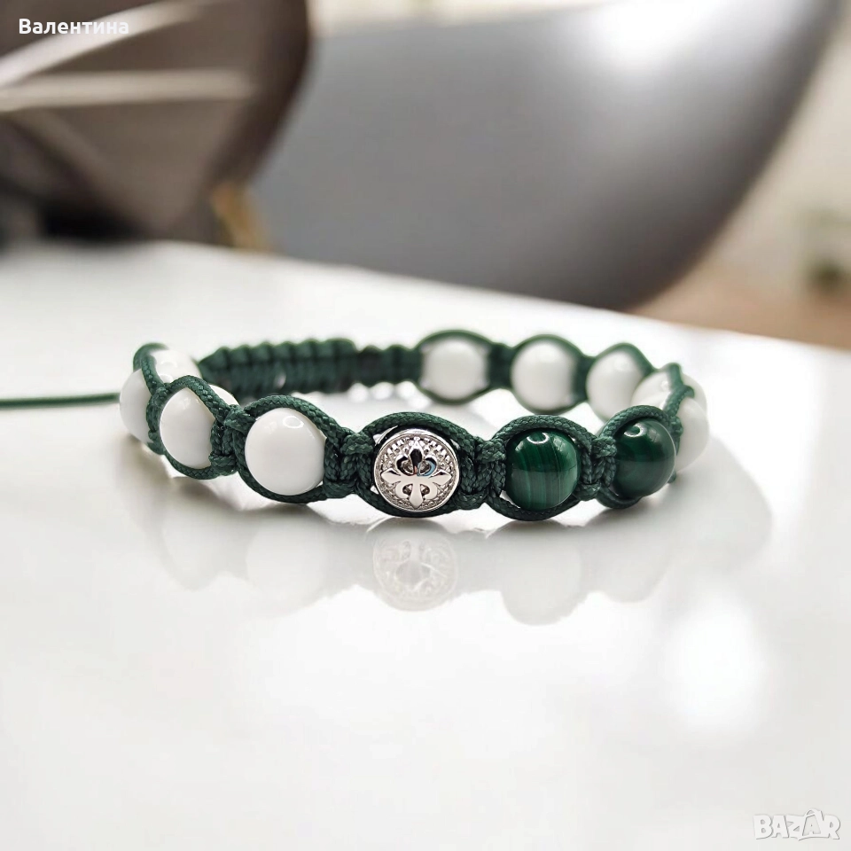 Дамска/мъжка гривна малахит, седеф и 925 сребро, снимка 1