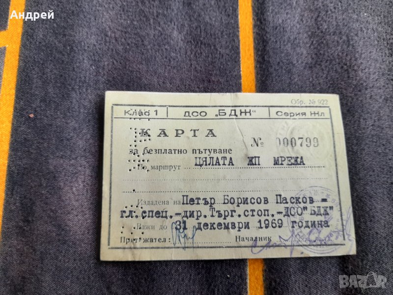 Стара карта за пътуване БДЖ 1969, снимка 1