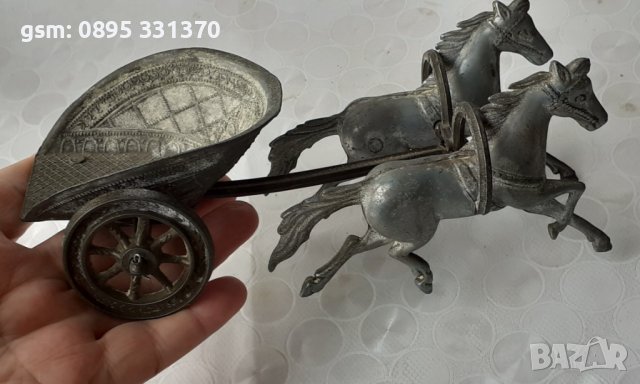 Колесница с 2 коня, кон, стара фигура статуетка пластика украса, снимка 5 - Статуетки - 40728824