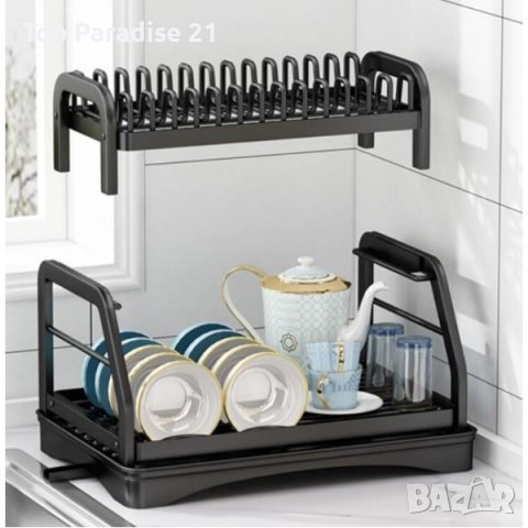 Пластмасов елегантен сушилник за съдове на две нива в черен матов цвят, снимка 5 - Аксесоари за кухня - 44101053