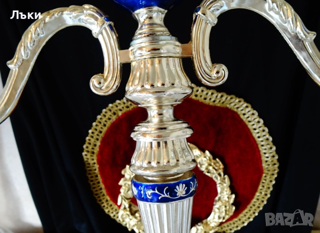 Посребрен троен свещник,рози,кобалт,рококо. , снимка 4 - Антикварни и старинни предмети - 52817267