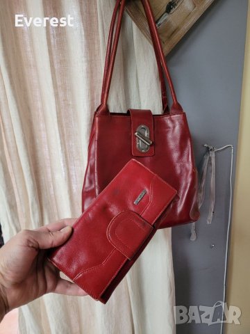 Голяма червена чанта естествена кожа + ПОДАРЪК червено портмоне естествена кожа , снимка 18 - Чанти - 40576289