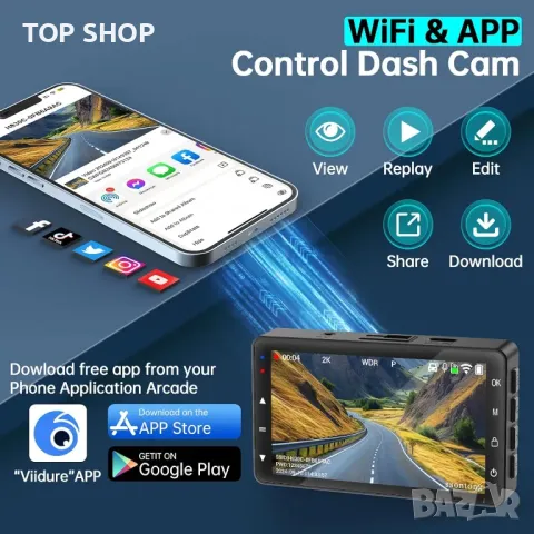 Dash Cam отпред и отзад, 2K, WiFi/БЕЗПЛАТНО ПРИЛОЖЕНИЕ, отпред 170°+140° отзад, снимка 2 - Аксесоари и консумативи - 49500299