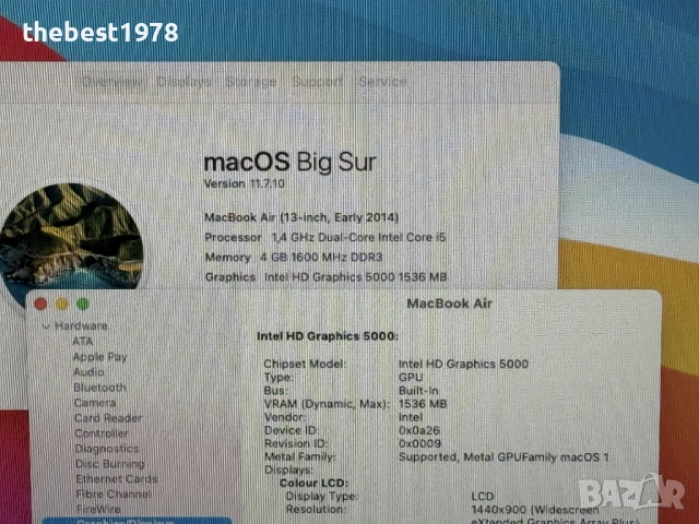 MacBook Air 13 2014`Core i5-4260U/128GB SSD/4GB RAM, снимка 5 - Лаптопи за работа - 53436905