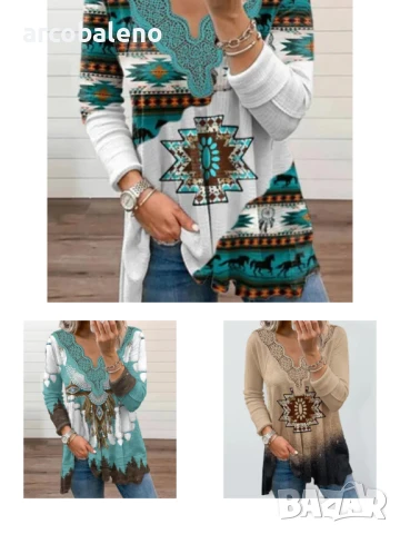 Дамска ежедневна блуза с дантела и ацтекски мотиви, 3цвята