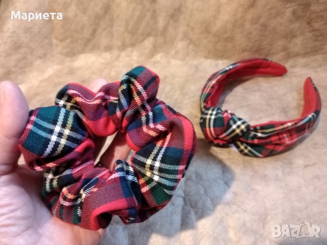 комплект Диадема и Скрънчи в Червено Каре Аксесоари за Коса Ръчна Изработка Диадема с възел , снимка 4 - Аксесоари за коса - 43414970