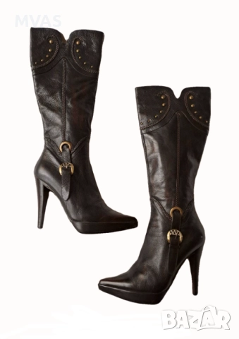 Нови дамски ботуши естествена кожа тъмно кафяви на висок ток 39 размер