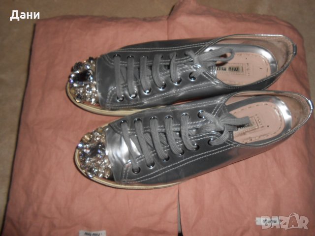 Miu Miu Silver Crystal Swarovski Leather Sneakers, снимка 3 - Дамски ежедневни обувки - 26638146