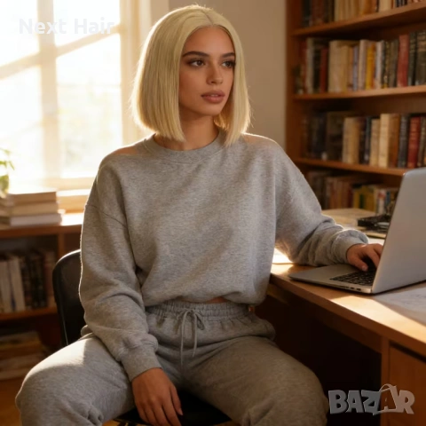 Синтетична къса права перука 30 см - светло руса с дантела 13х4, снимка 2 - Аксесоари за коса - 53396852