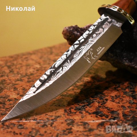  Голям бутиков ловен нож WOLF А74 с кания и дървена дръжка череша , снимка 2 - Ножове - 28949679
