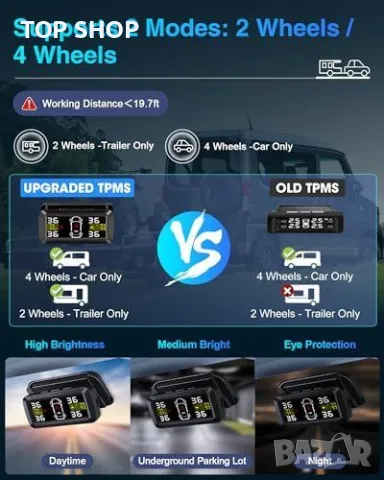 Нов Безжичен Монитор за Гуми с Външни Сензори и Различни Режими, снимка 2 - Друга електроника - 49604555