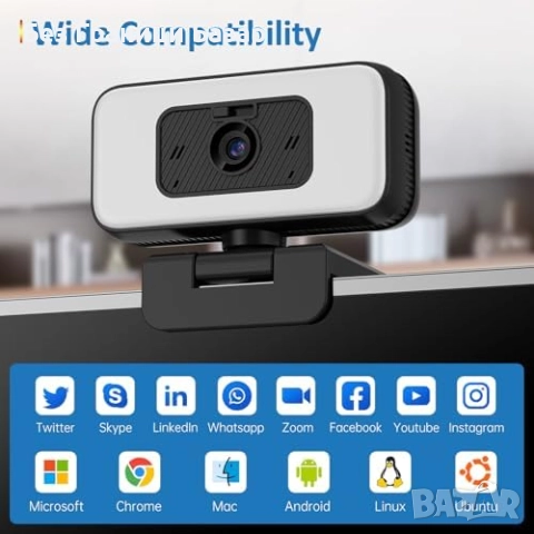 Нова USB уеб камера 2K 60fps с шумопотискане, зуум и LED осветление, снимка 7 - Други - 51771170