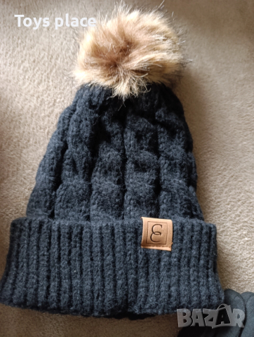 Зимна плетена шапка с пух, ръкавици, снимка 7 - Шапки - 52438503