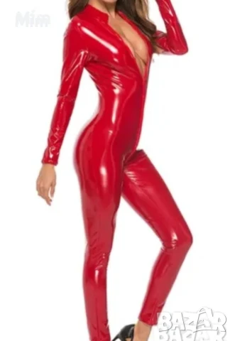 Червен гащеризон от лак и черен с отворен чатал , снимка 5 - Гащеризони - 51174450