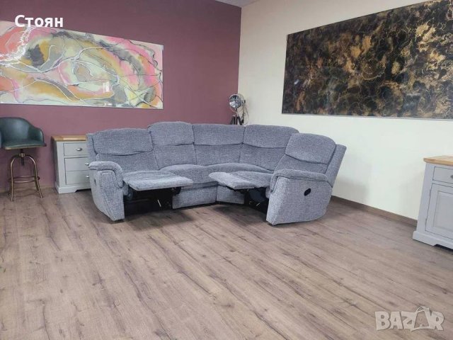 Сив ъглов диван от плат с ръчен релаксиращ механизъм, снимка 5 - Дивани и мека мебел - 43896533