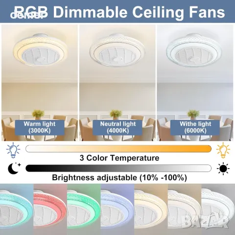 Вентилатор за таван със светлини RGB, 50 см модерен LED с дистанционно, 3 скорости, бял, снимка 3 - Лед осветление - 47411594