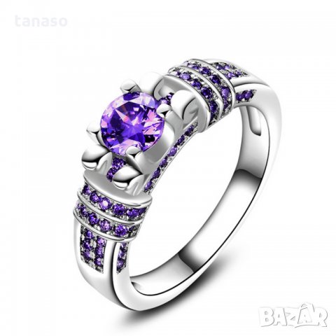 Пръстен с лилави циркони, посребрен, снимка 4 - Пръстени - 27312470